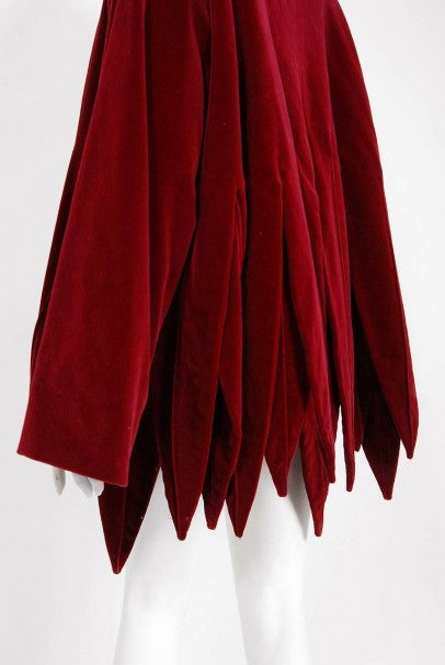 1987 Romeo Gigli Museum-Held Burgundy Red Velvet Jester Petal Swing Coat Jacket