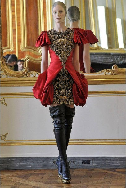 2010 Alexander McQueen Final Runway Collection Red Satin Metallic Bullion Dress