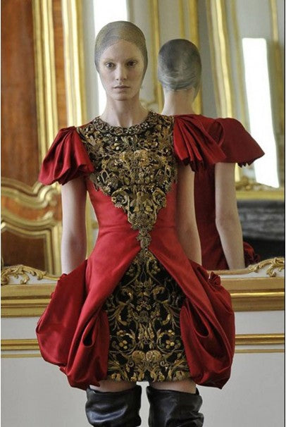 2010 Alexander McQueen Final Runway Collection Red Satin Metallic Bullion Dress