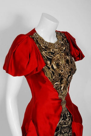 2010 Alexander McQueen Final Runway Collection Red Satin Metallic Bullion Dress