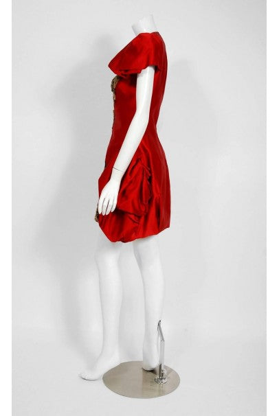 2010 Alexander McQueen Final Runway Collection Red Satin Metallic Bullion Dress
