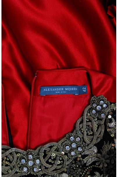 2010 Alexander McQueen Final Runway Collection Red Satin Metallic Bullion Dress