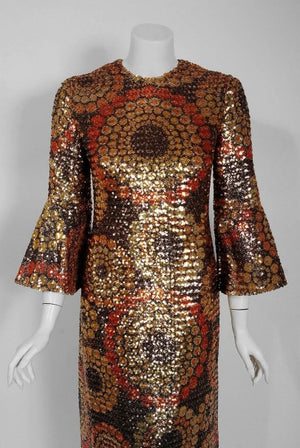 1968 Pierre Balmain Haute Couture Graphic Sequin Bell Sleeve Column Dress