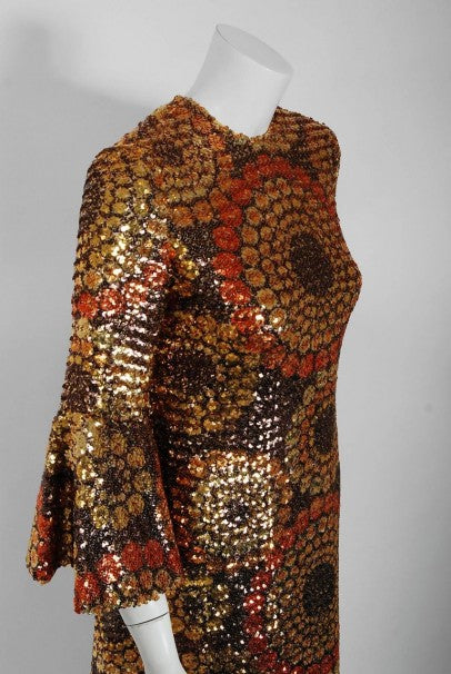 1968 Pierre Balmain Haute Couture Graphic Sequin Bell Sleeve Column Dr - Timeless Vixen 1968 Pierre Balmain Haute Couture Graphic Sequin Bell Sleeve Column Dr - Timeless Vixen
