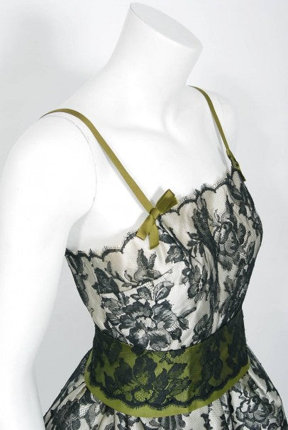 1956 Chloe Paris Couture Ivory Satin &amp; Black Floral Lace Belted Cocktail Dress