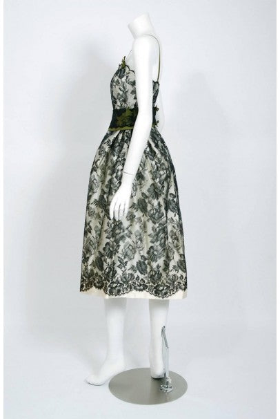 1956 Chloe Paris Couture Ivory Satin &amp; Black Floral Lace Belted Cocktail Dress