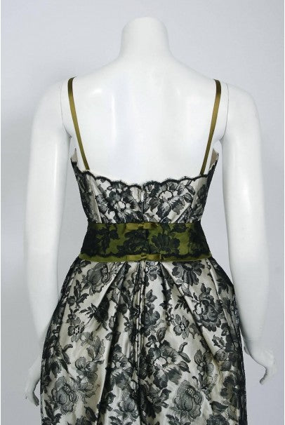 1956 Chloe Paris Couture Ivory Satin &amp; Black Floral Lace Belted Cocktail Dress