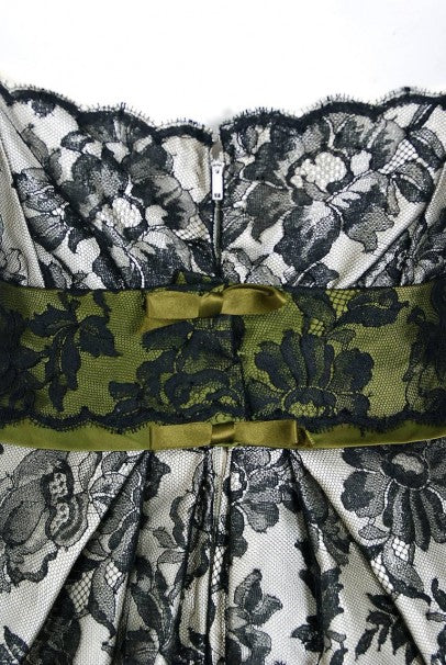 1956 Chloe Paris Couture Ivory Satin &amp; Black Floral Lace Belted Cocktail Dress