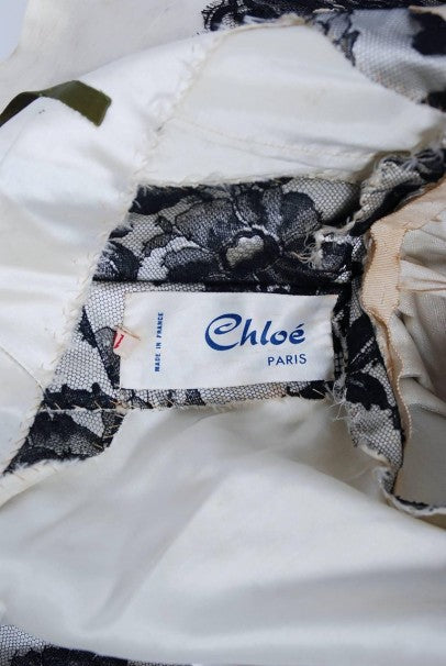 1956 Chloe Paris Couture Ivory Satin &amp; Black Floral Lace Belted Cocktail Dress