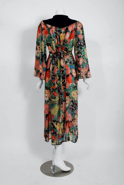 1972 Ossie Clark Colorful Floral Celia Birtwell Print Silk &amp; Crepe Belted Dress