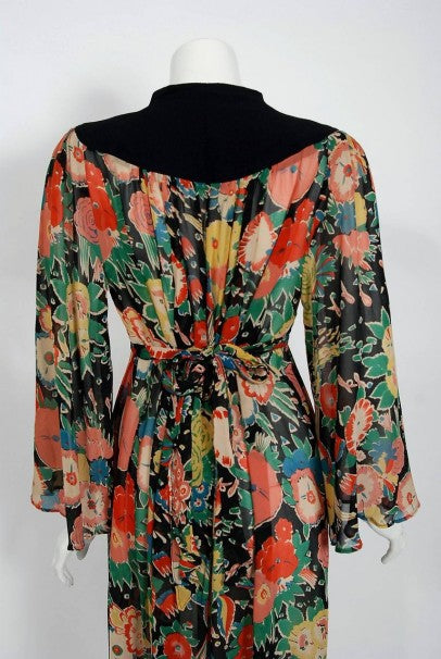 1972 Ossie Clark Colorful Floral Celia Birtwell Print Silk &amp; Crepe Belted Dress
