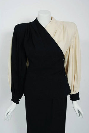 1945 Lilli-Ann Black and Ivory Block-Color Wool Crepe Pleated Jacket Skirt Suit