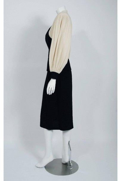 1945 Lilli-Ann Black and Ivory Block-Color Wool Crepe Pleated Jacket Skirt Suit