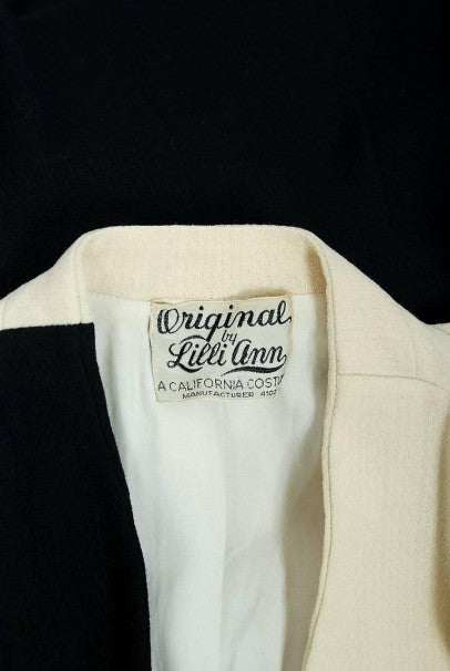 1945 Lilli-Ann Black and Ivory Block-Color Wool Crepe Pleated Jacket Skirt Suit