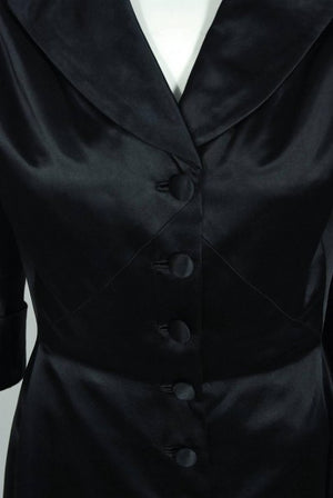 1954 Chanel Haute-Couture Black Satin Wide Cuff Full-Length Princess Dress Coat