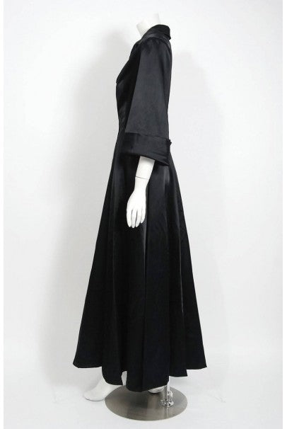 1954 Chanel Haute-Couture Black Satin Wide Cuff Full-Length Princess Dress Coat