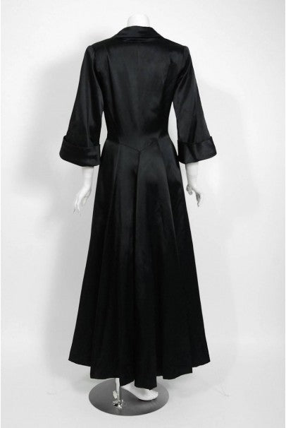 1954 Chanel Haute-Couture Black Satin Wide Cuff Full-Length Princess Dress Coat