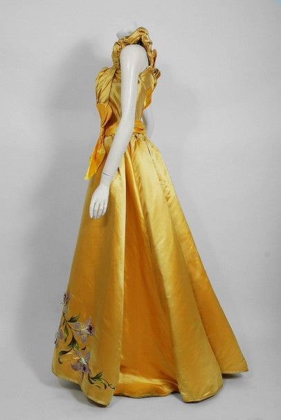 1895 Mme Arnaud French Couture Victorian Floral Embroidered Yellow Satin Gown
