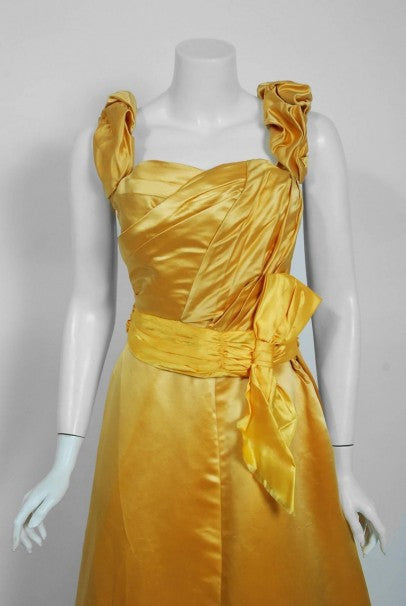 1895 Mme Arnaud French Couture Victorian Floral Embroidered Yellow Satin Gown