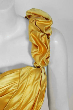 1895 Mme Arnaud French Couture Victorian Floral Embroidered Yellow Satin Gown