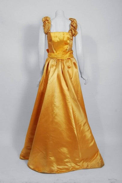 1895 Mme Arnaud French Couture Victorian Floral Embroidered Yellow Satin Gown