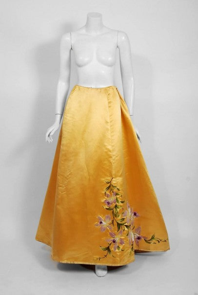 1895 Mme Arnaud French Couture Victorian Floral Embroidered Yellow Satin Gown