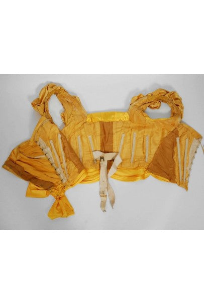 1895 Mme Arnaud French Couture Victorian Floral Embroidered Yellow Satin Gown