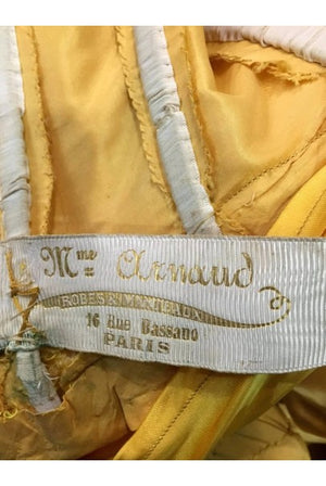1895 Mme Arnaud French Couture Victorian Floral Embroidered Yellow Satin Gown