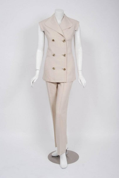 1968 Pierre Cardin Oatmeal Linen Double-Breasted Mod Tailored Pantsuit Ensemble