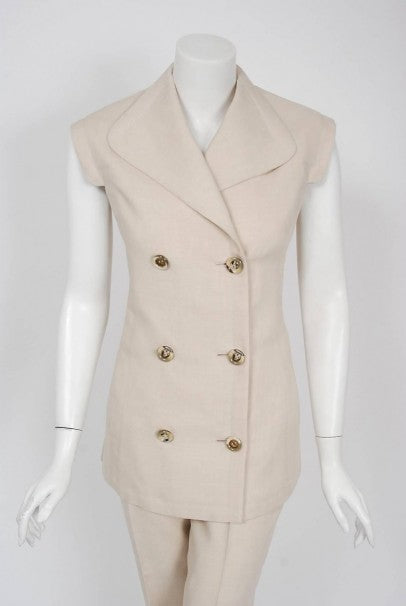1968 Pierre Cardin Oatmeal Linen Double-Breasted Mod Tailored Pantsuit Ensemble