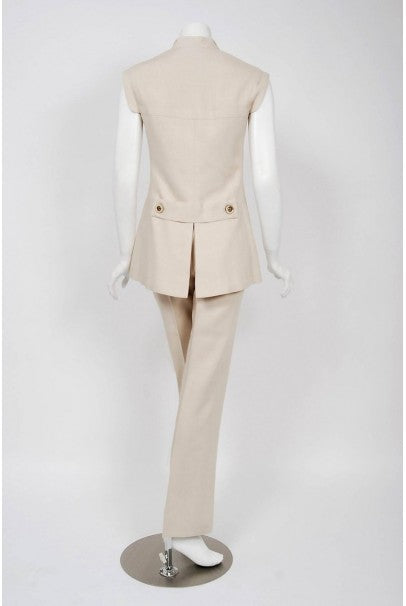 1968 Pierre Cardin Oatmeal Linen Double-Breasted Mod Tailored Pantsuit Ensemble