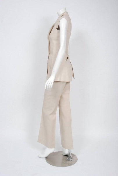 1968 Pierre Cardin Oatmeal Linen Double-Breasted Mod Tailored Pantsuit Ensemble