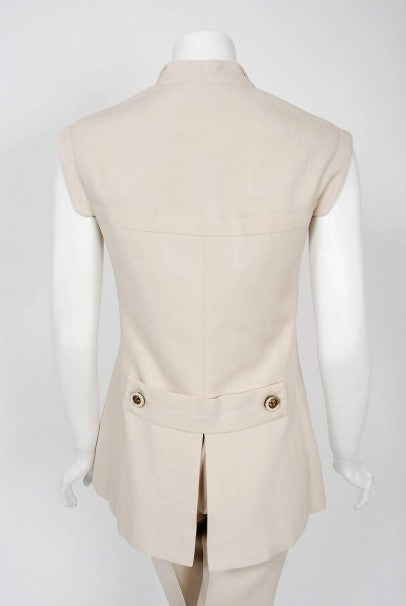 1968 Pierre Cardin Oatmeal Linen Double-Breasted Mod Tailored Pantsuit Ensemble