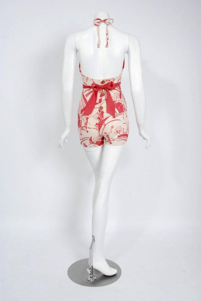 1930's Sandeze Sportswear Novelty Print Linen Backless Halter Playsuit & Jacket