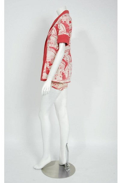 1930's Sandeze Sportswear Novelty Print Linen Backless Halter Playsuit & Jacket