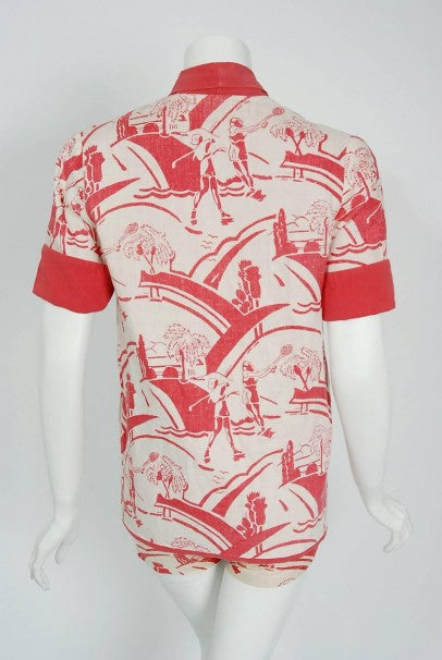 1930's Sandeze Sportswear Novelty Print Linen Backless Halter Playsuit & Jacket