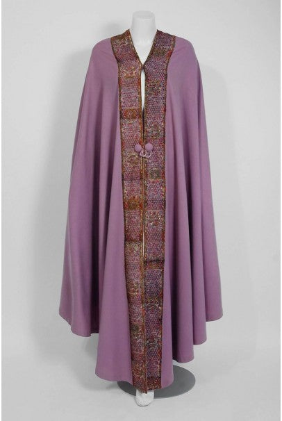 1915 Liberty Couture Lilac Wool & Colorful Lace Art-Nouveau Full Length Cape