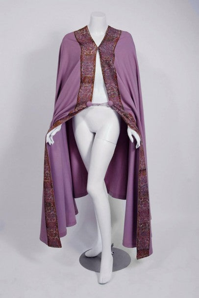 1915 Liberty Couture Lilac Wool &amp; Colorful Lace Art-Nouveau Full Length Cape
