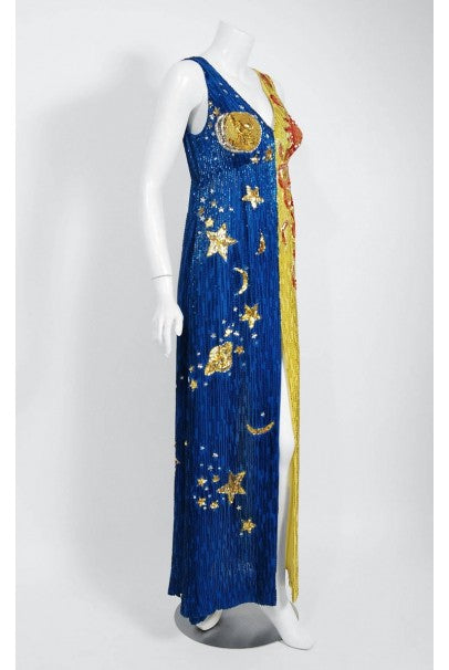 1969 Boyd Clopton Couture Celestial Sun &amp; Moon Beaded Sequin High-Slit Gown