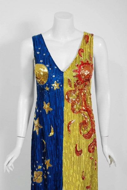 1969 Boyd Clopton Couture Celestial Sun &amp; Moon Beaded Sequin High-Slit Gown