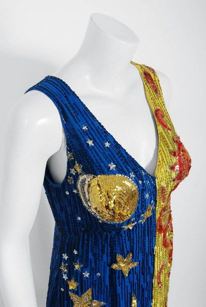 1969 Boyd Clopton Couture Celestial Sun &amp; Moon Beaded Sequin High-Slit Gown