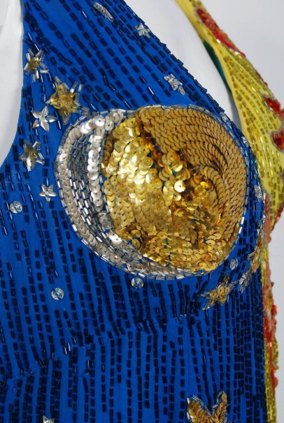 1969 Boyd Clopton Couture Celestial Sun &amp; Moon Beaded Sequin High-Slit Gown