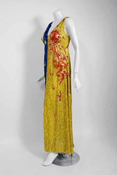 1969 Boyd Clopton Couture Celestial Sun &amp; Moon Beaded Sequin High-Slit Gown