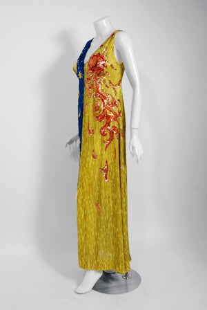 1969 Boyd Clopton Couture Celestial Sun & Moon Beaded Sequin High-Slit Gown