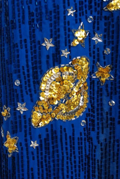 1969 Boyd Clopton Couture Celestial Sun &amp; Moon Beaded Sequin High-Slit Gown