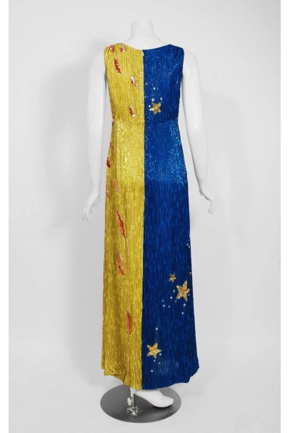 1969 Boyd Clopton Couture Celestial Sun &amp; Moon Beaded Sequin High-Slit Gown