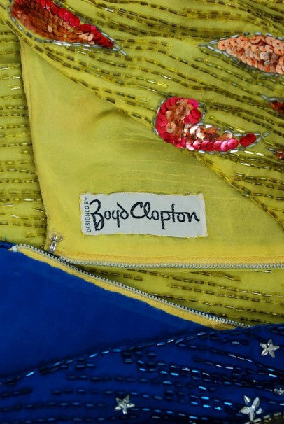 1969 Boyd Clopton Couture Celestial Sun &amp; Moon Beaded Sequin High-Slit Gown