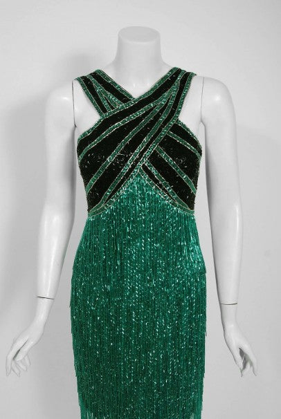 1990 Bob Mackie Teal-Green & Black Beaded Fringe Backless Cocktail Dress