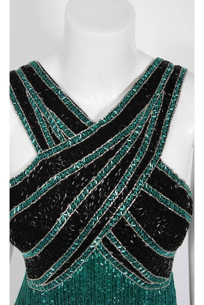 1990 Bob Mackie Teal-Green & Black Beaded Fringe Backless Cocktail Dress