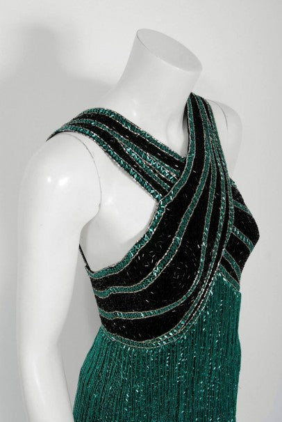 1990 Bob Mackie Teal-Green & Black Beaded Fringe Backless Cocktail Dress